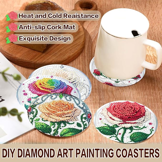Axquilono 8 Pcs Rose Diamond Art Coasters Kit