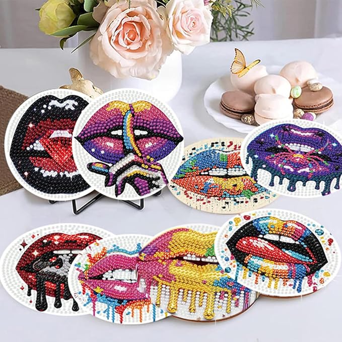 8 Pack Diamond Art Coasters, Sexy lips Diamond Painting Coasters Kits | Lips