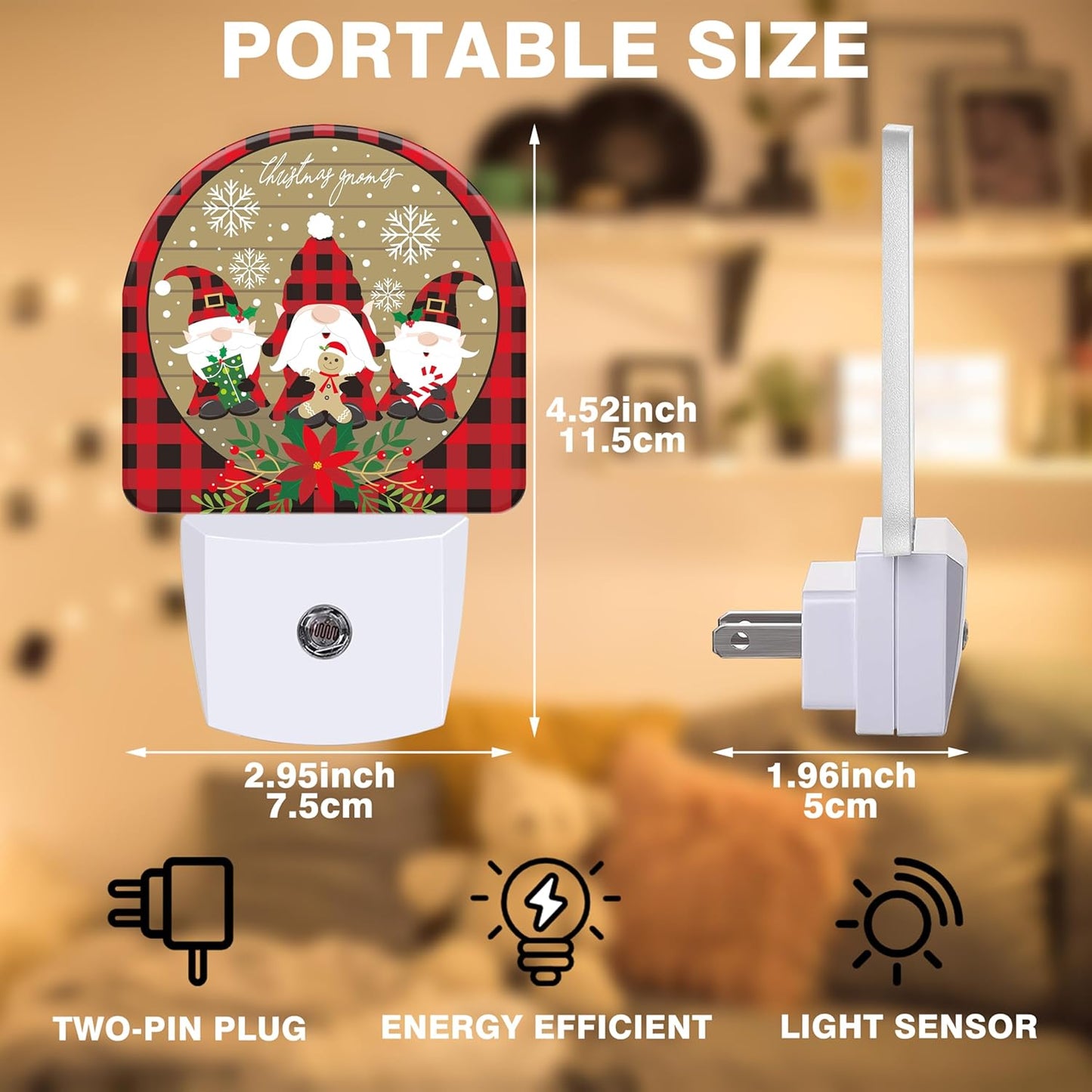 Red and Black Buffalo Plaid Night Lights Plug into Wall Christmas Gnomes Night Light Dusk to Dawn Smart Sensor Decorative Round Led Lamp for Bedroom Kitchen Hallway Nightlight for Women Men