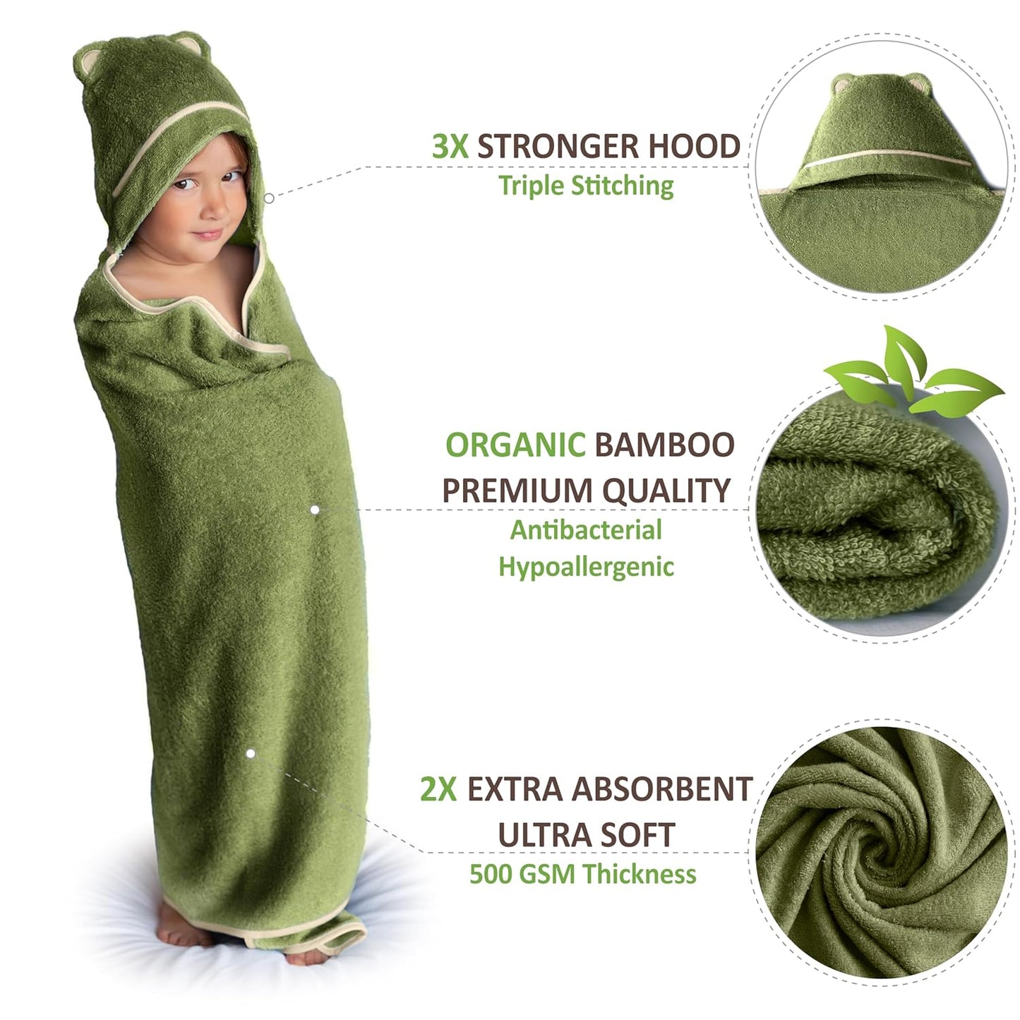 Premium Toddler Towels with Hood - Extra Soft Rayon from Bamboo Toddler Bath Towel (Olive)