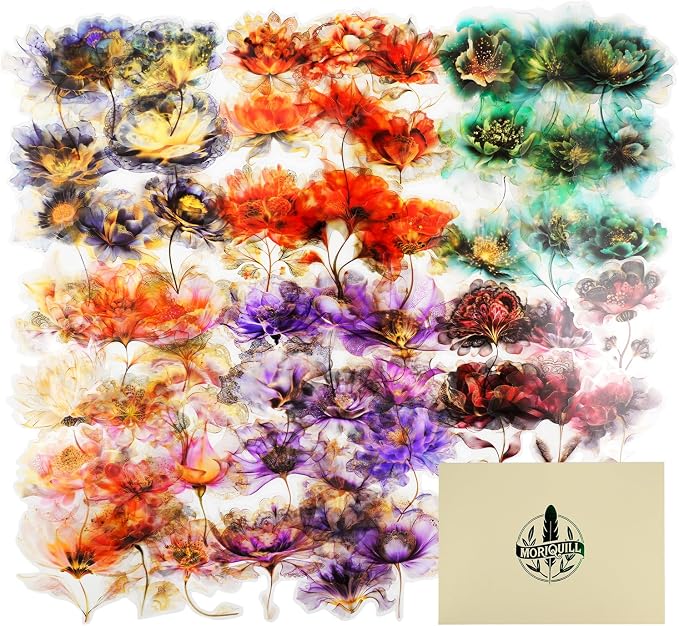 90PCS Flower PET Stickers, Waterproof Transparent Floral Designs