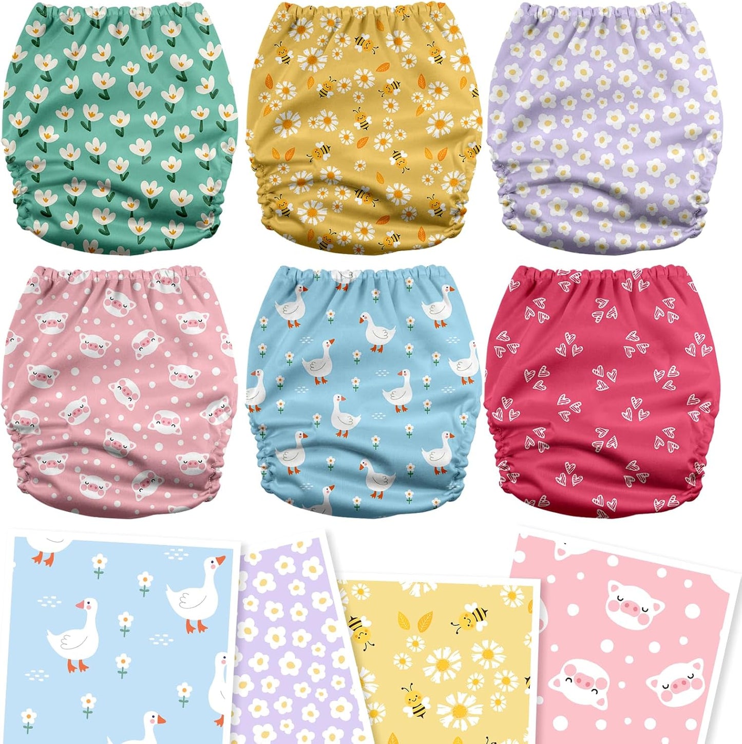 Mama Koala 3.0 Cloth Diapers for Babies with AWJ Lining, 6 Pack with 6 5-Layer Natural Cloth Diaper Inserts - Reusable and Washable Pocket Diapers(A-Flower Romance)