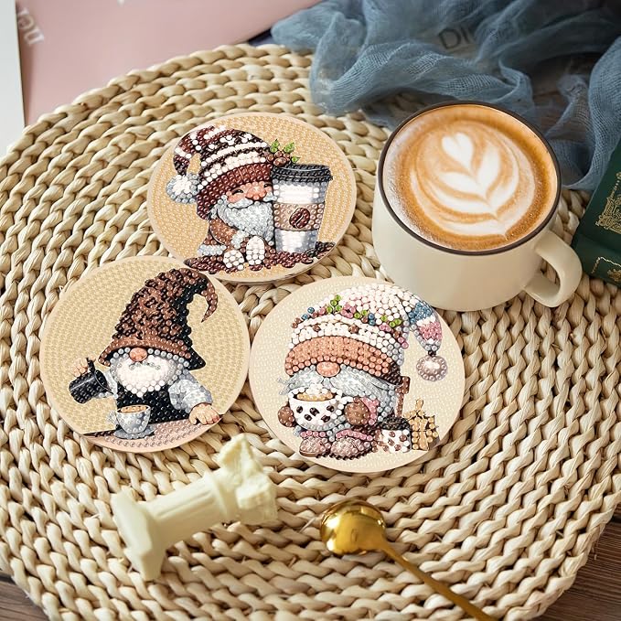 Clendo 8 Pcs Coffee Gnome Diamond Art Coasters Kit