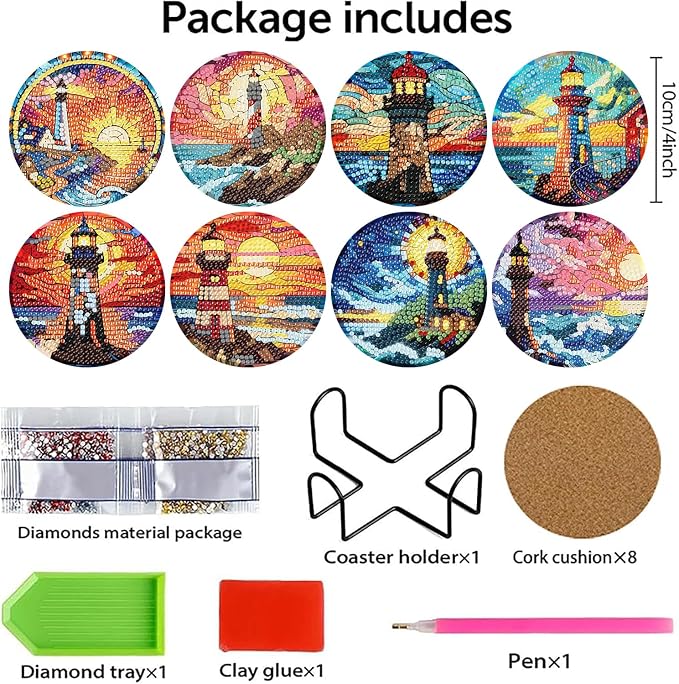 8 PCS Diamond Art Coasters Kits Lighthouse Diamond Painting Coaster | Diamond