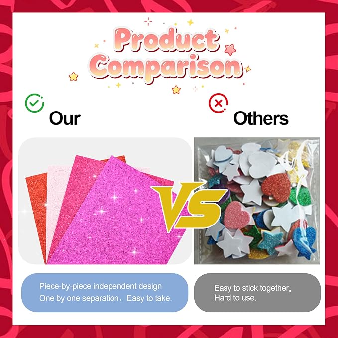 BEISHIDA 392 Pcs Glitter Foam Heart Stickers，Red Pink Purple Heart Shapes