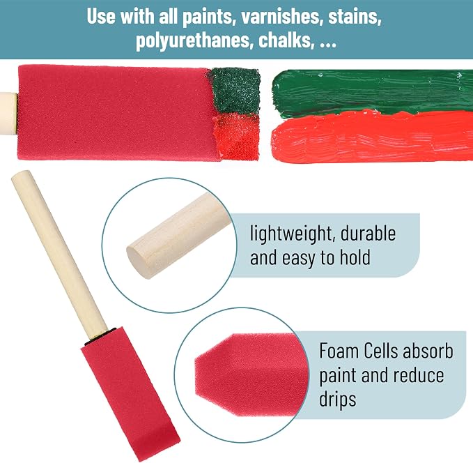 Bates- Foam Paint Brushes with Wood Handle, 1 Inch, 26 Pack, Sponge Brushes