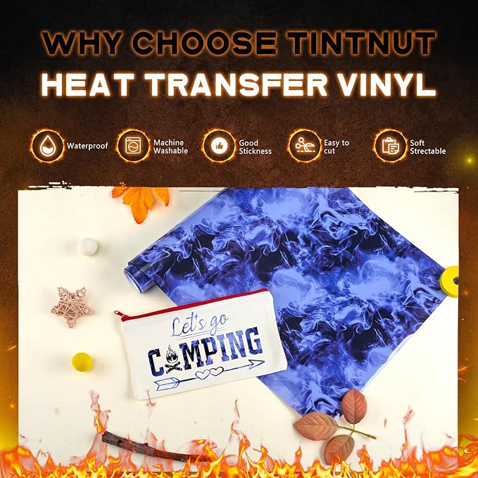 Tintnut Black Blue Flame Heat Transfer Vinyl Roll, stretch washable, heat press