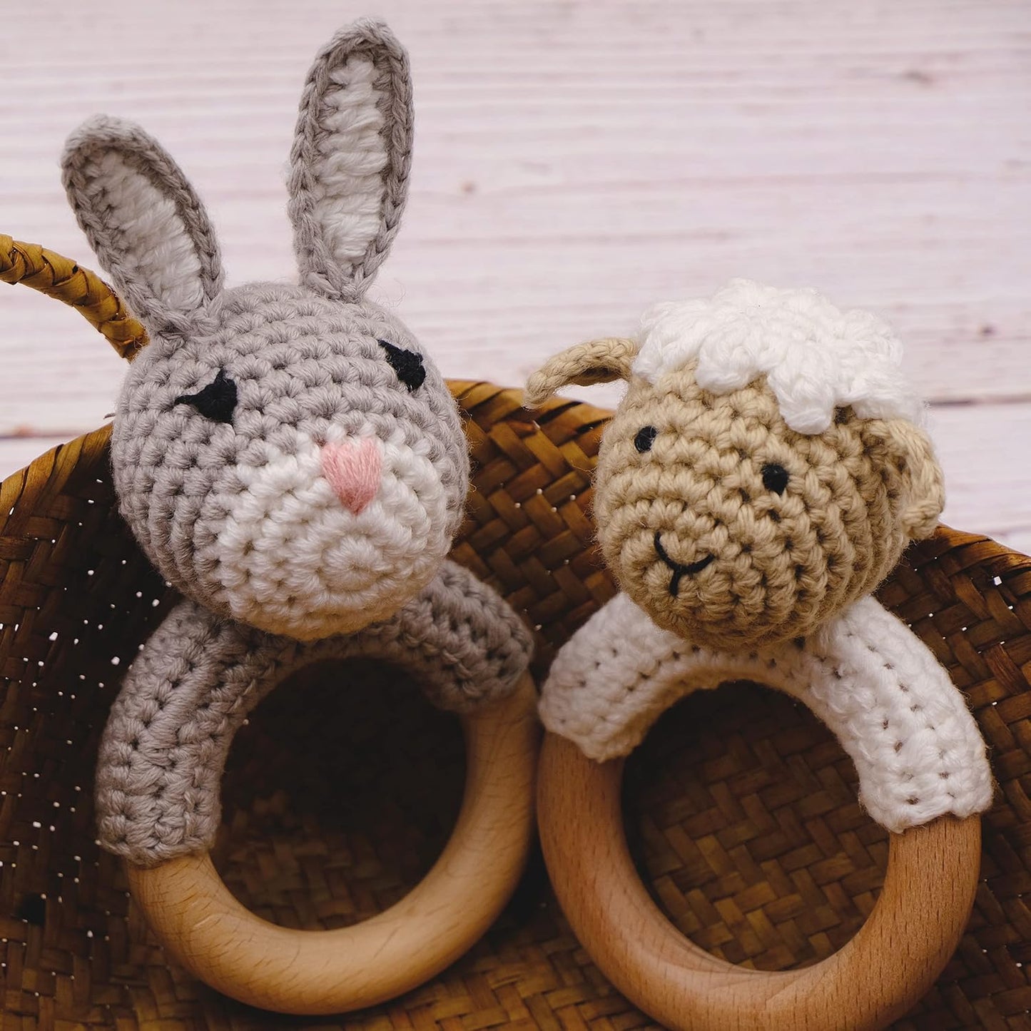 Joliecraft Natural Wooden Baby Rattle Soft Shaker Toy with Teething Ring for Infants Gray Bunny