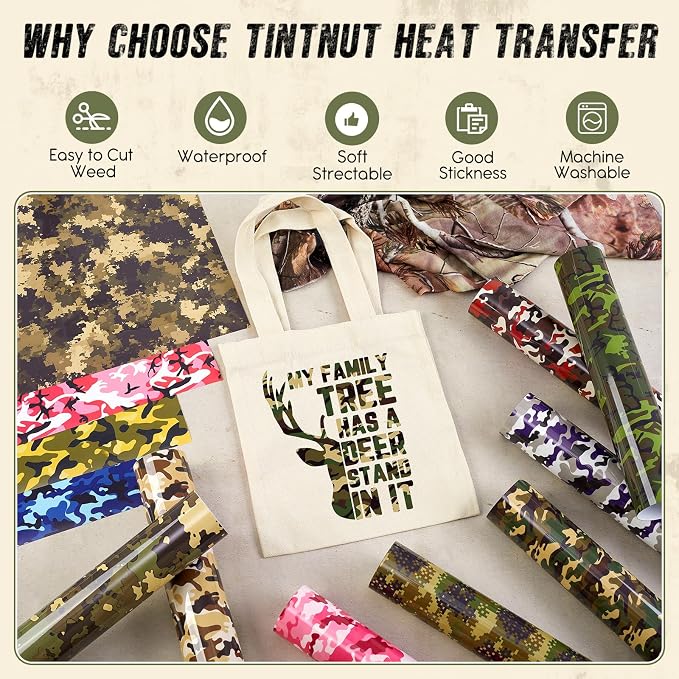Tintnut Multi-Color Camo Heat Transfer Vinyl, easy cut & weed, stretch washable