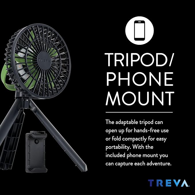 Treva 5 Inch Tripod Fan with Built-In Light and Attachable Phone Mount, Rechargeable 3-Speed Mini Fan with Handle for Travel, Camping, Outdoors