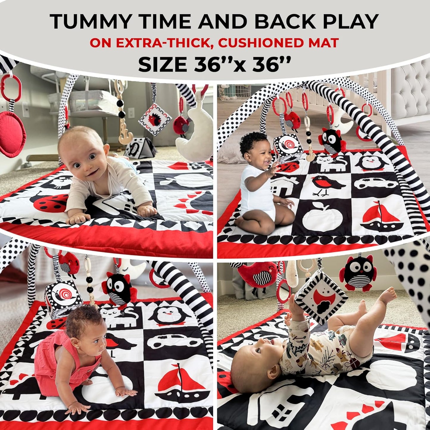 QUOKKA Padded Baby Gym Mat for Floor Tummy Time - High Contrast Baby Kick and Play Gym Mat - 6 Toys | Thick Pad | Machine Washable | Black White Red Colors for Vision Development
