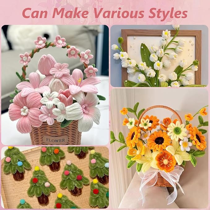 Cwczhi 600 PCS Pipe Cleaners Craft, 9 Colors Pipe Cleaner Bulk Flower Kit |