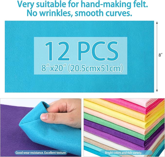HaoFeiJH 12 Rolls 8"x20" 1.4mm Thick Soft Felt Fabric Sheets – 12 Assorted