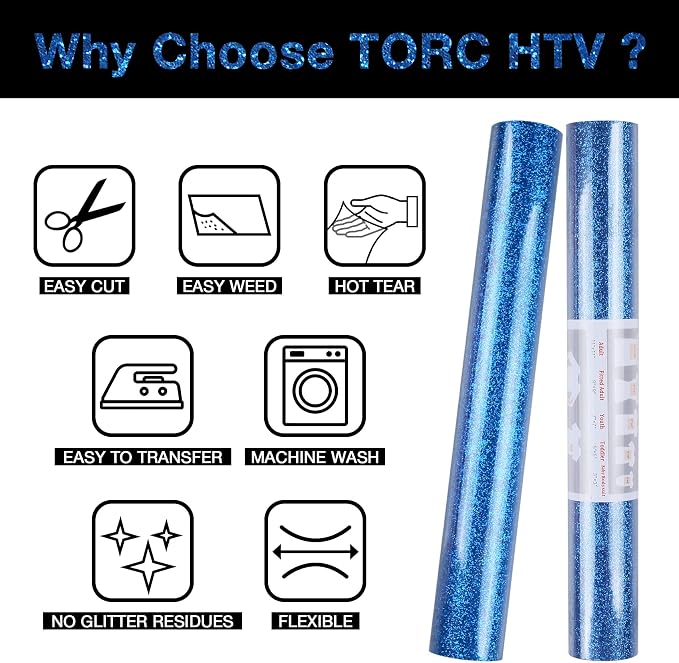 TORC Royal Blue Glitter HTV Heat Transfer Vinyl Roll 12 inch x 10 ft Iron on