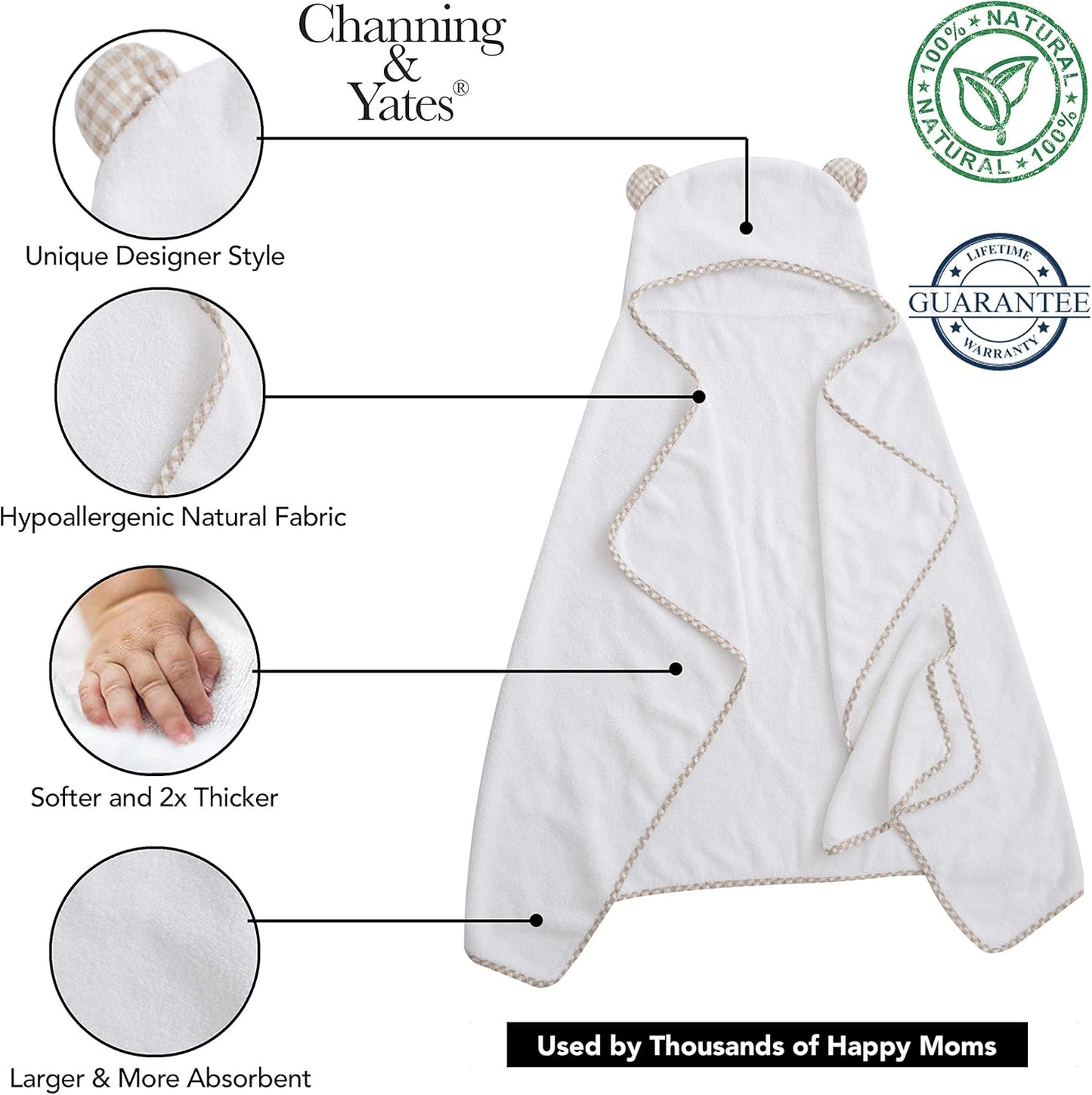 Channing & Yates Premium Boutique Hooded Baby Towels and 6 Washcloth Set - Organic Viscose Made from Bamboo Baby Towel with Hood Gift Bundle (Beige Set)