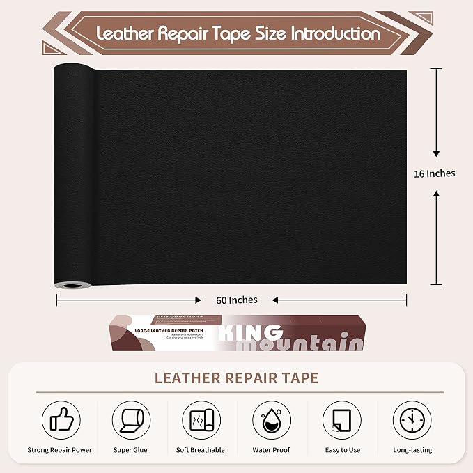 KING MOUNTAIN Leather Repair Patch, 16 x 60 Inches self Adhesive Leather Repair