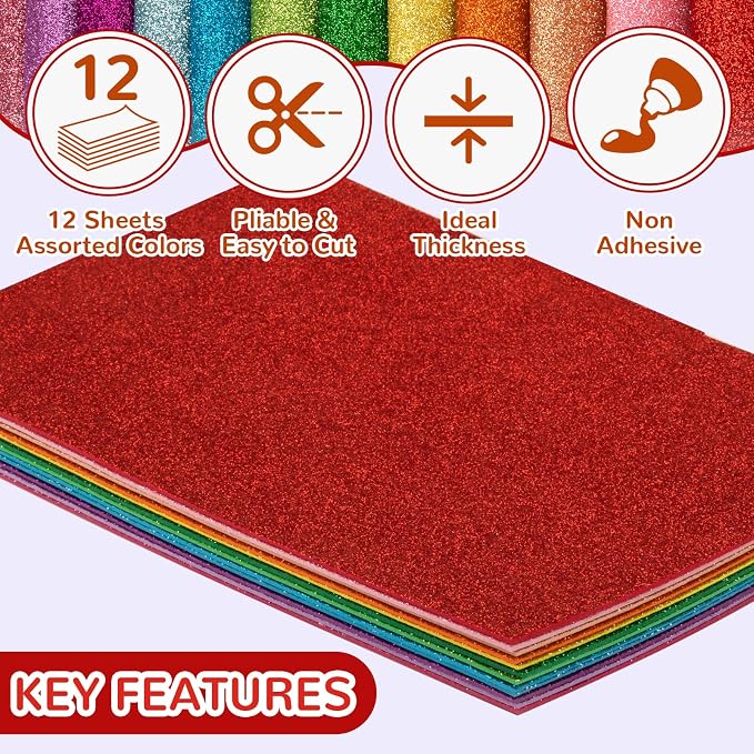 12 Pack Glitter Foam Sheets Craft 8 x 12 inch 12 Colors | Sparkles Foam Paper