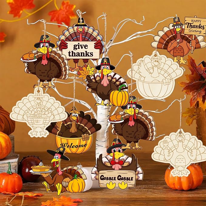 36PCS Wooden Thanksgiving Decoration Turkey Ornaments to Paint Thanksgiving