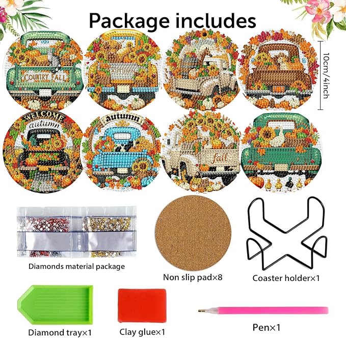 8 Pack Diamond Art Coasters, Autumn Truck Diamond Painting Coasters Kits | Fall