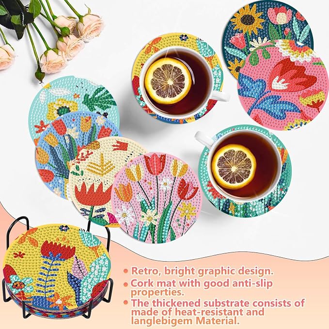 Benjenes 8PCS Flowers Diamond Art Coasters Kit
