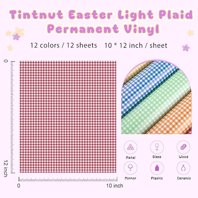 Tintnut Light Color Plaid Permanent Vinyl, waterproof, easy peel & stick