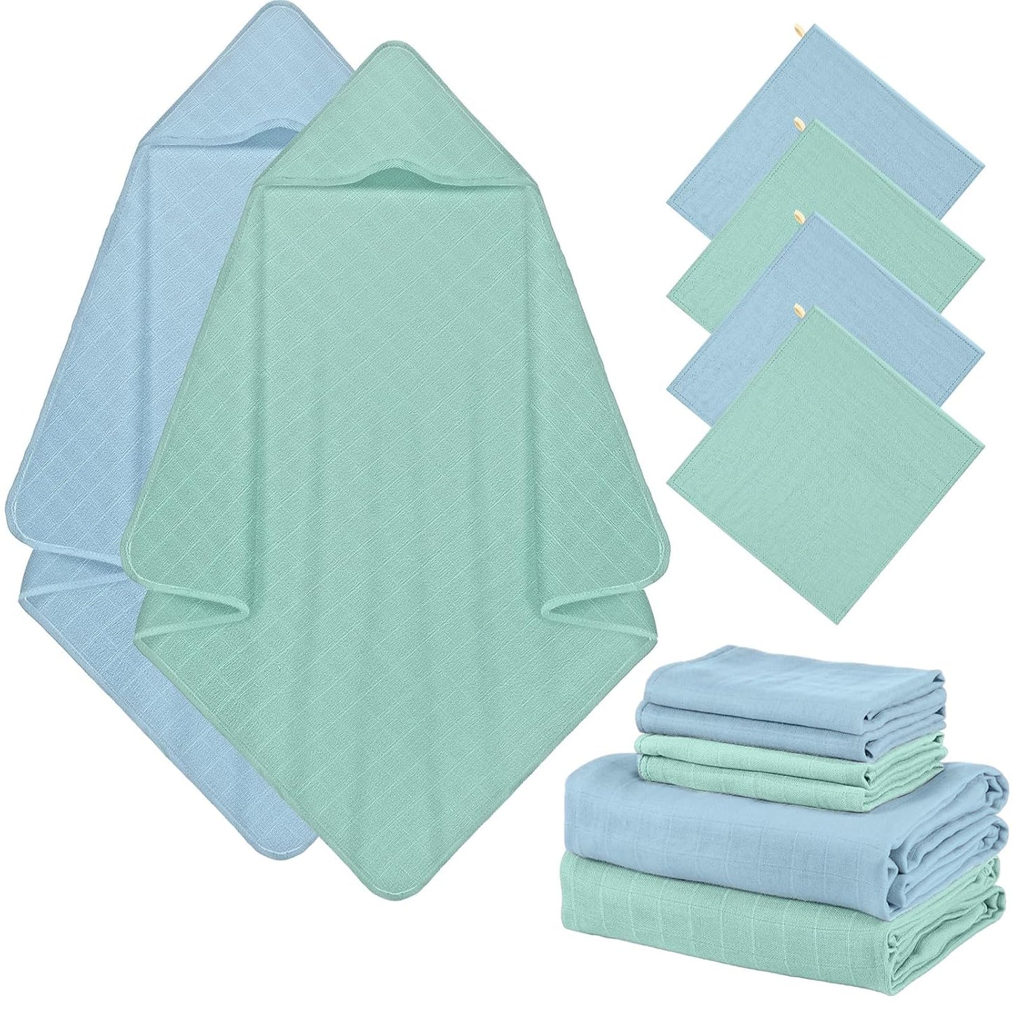 Preboun 6 Pcs Muslin Hooded Baby Towels and Washcloths 32"x 32" Cotton Newborn Bath Towel Anti-Shrink Infant Baby Blankets with Hood 12"x 12" Washcloths for Girl Boy Toddler(Light Blue,Light Green)