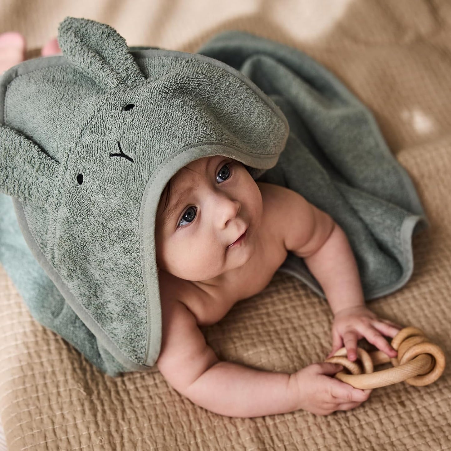 Baby Hooded Towel – Organic Cotton Baby Bath Towels – Baby Towels, Baby Bath Towels for Baby Boy, Baby Girl, 32" x 32" Super-Soft and Absorbent Baby Towels for Newborn (Rabbit Roman Green)