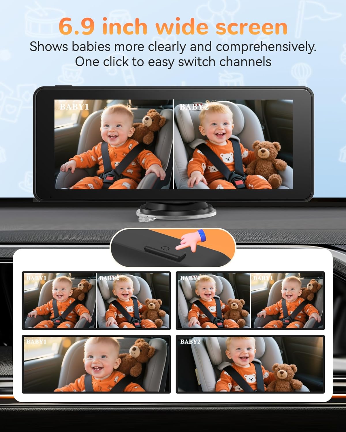 Dual Car Camera Baby Monitor with 6.9" Split Screen-1080P HD Carseat Camera for 2 kids with 360° Full Rotation-Night Vision, Auto-detail Enhancement, 2 Power Ways, Easy Install, for Twins & Siblings
