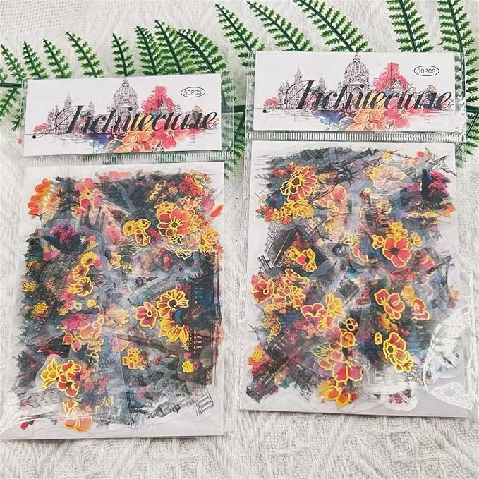 50Pcs Flower Stickers with Gold Holographic Outlines, Glitter Shiny Floral