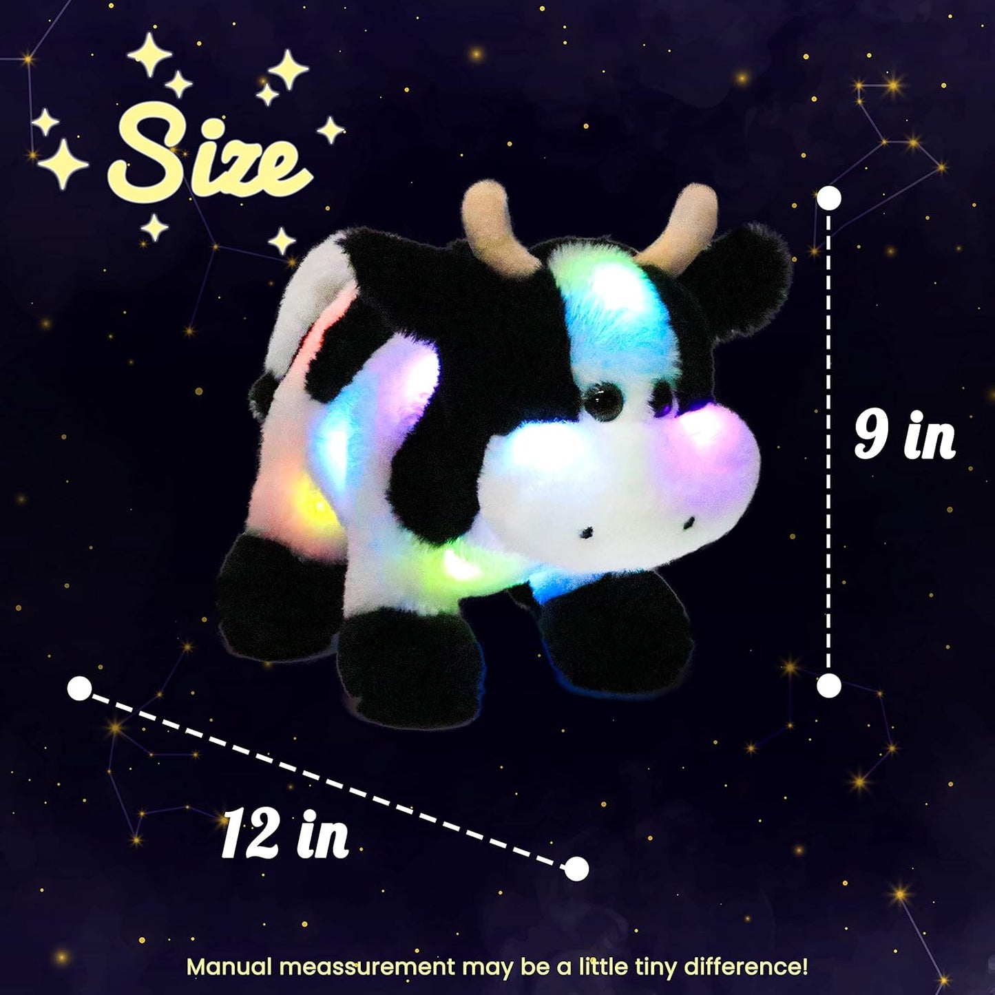 Hopearl LED Plush Cow Lighting Up Stuffed Animal Diary Cattle Floppy Night Lights Glow in The Dark Birthday Festival for Kids Toddler Girls, 12''