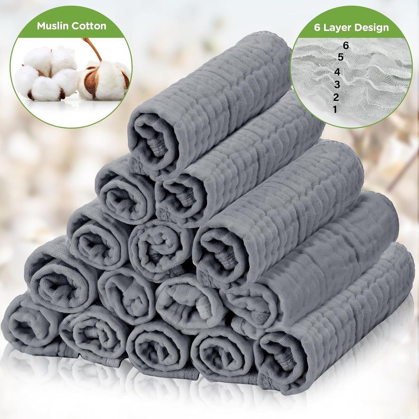 Breling 20 Pcs Baby Muslin Washcloth 12 x 12 Inch 100% Cotton Soft and Absorbent Muslin Washcloth Burp Cloth Wipe Newborn Face Towel for Baby Boy Girl Sensitive Skin(Gray)
