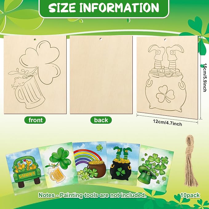 COCHIE 10 Pieces Large St. Patrick's Day Unfinished Wood Crafts to Paint