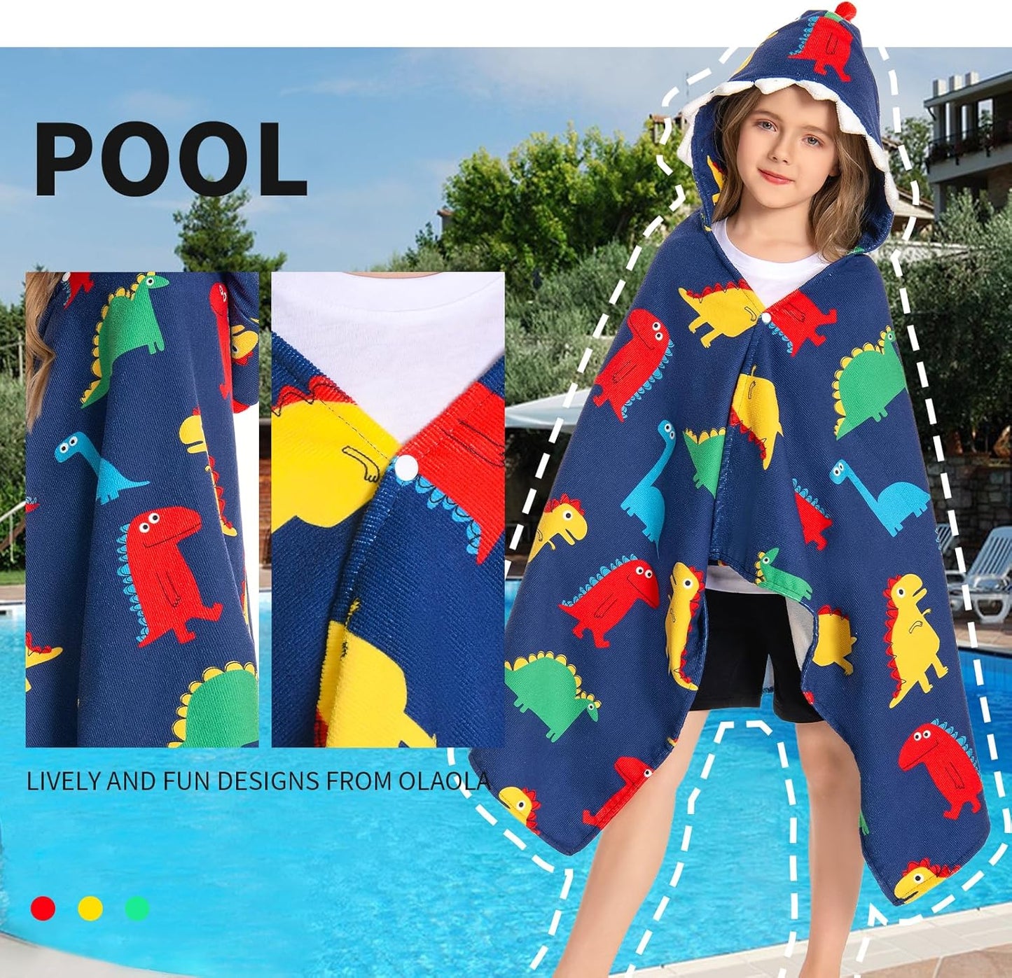 OLAOLA Colorful Dinosaur Hooded Towel for Kids 3-12 Years, 28" x 53" Soft Thick Absorbent Beach Towels, Toddler Bath Towel Wrap Swim Pool Towels Poncho for Boys Girls