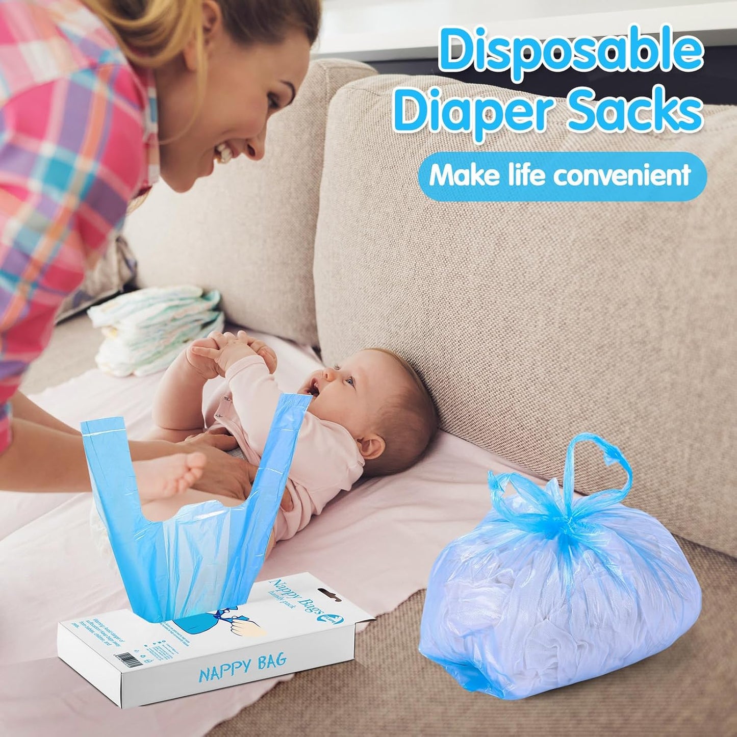 Honoson 1200 Count Baby Disposable Diaper Bags Scented Diaper Sacks with Tie Handle Disposal Baby Poop Trash Bags Waste Sacks Refill(Blue)