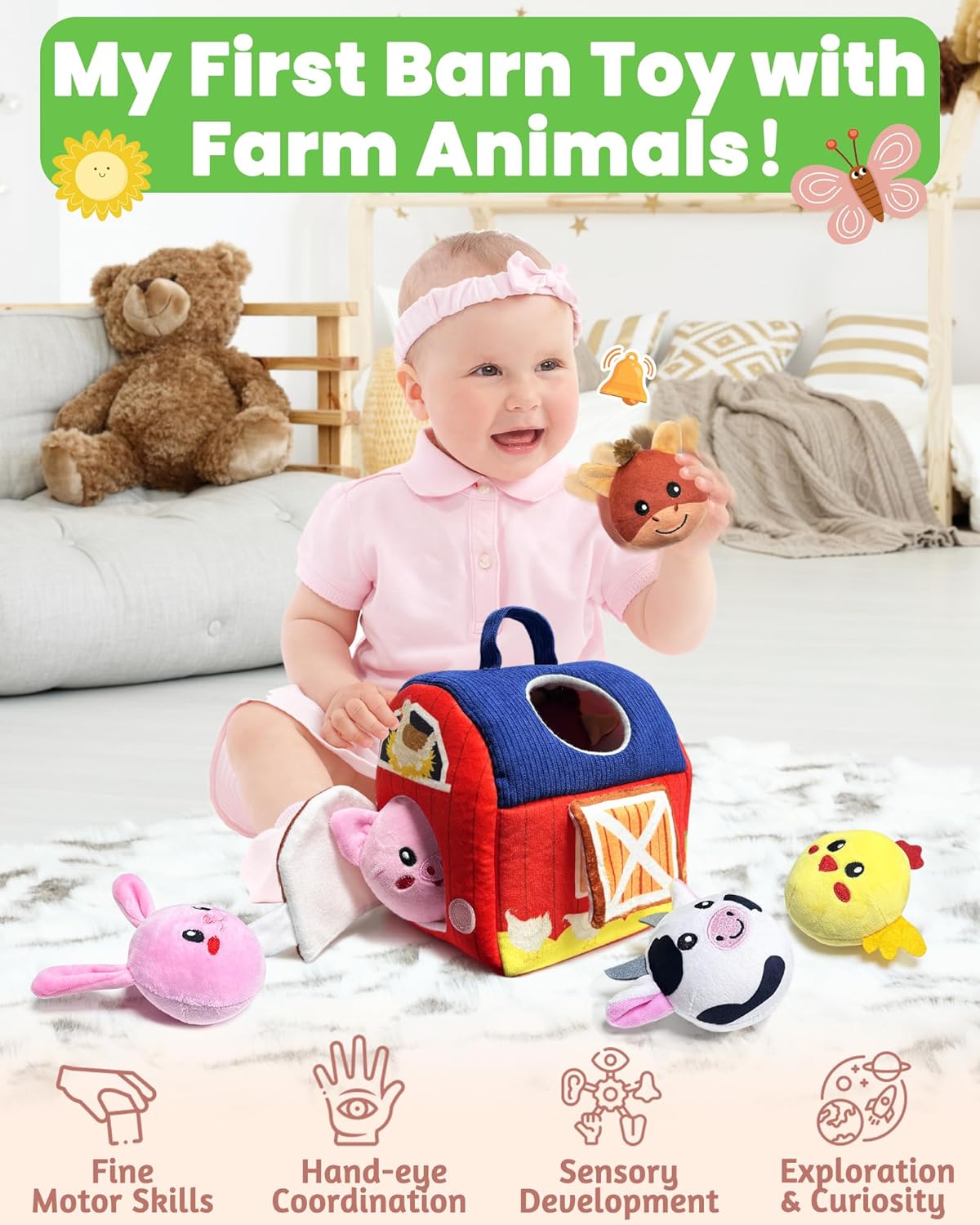Baby Toys 6-12 Months - Infant Barn Toy with Stuffed Farm Animals, Rattle, Crinkle, Squeak, Mirror - Montessori Sensory Toys for 6 7 8 9 10 12 Month Old Babies, 1 Year Old Baby Boy Girl Gifts