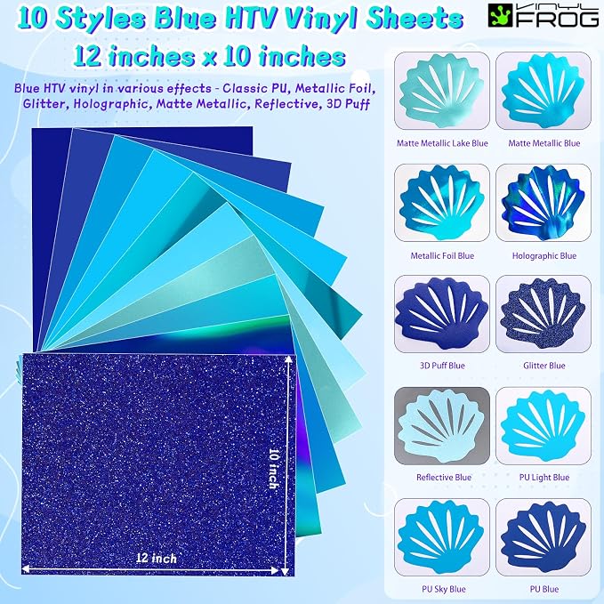 VINYL FROG Blue HTV Vinyl 10 Sheets Iron on Vinyl 12” X 10”Heat Transfer Vinyl