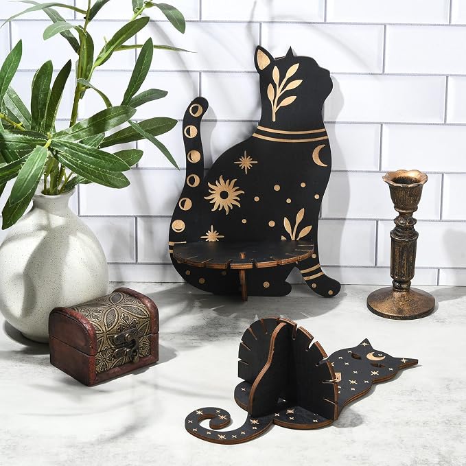 2 pcs 2 Styles Black Cat Theme Wooden Display Shelf Gothic Animal Floating