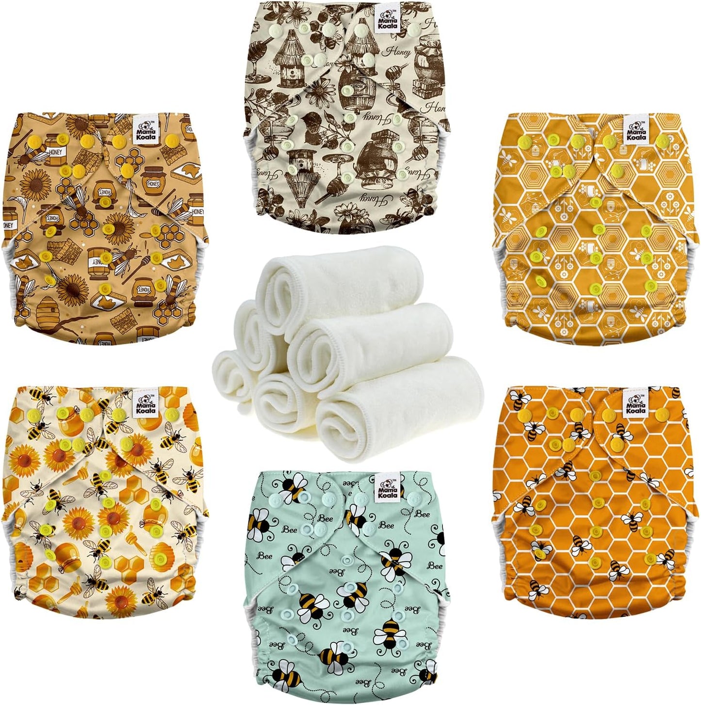 Mama Koala 3.0 Pocket Cloth Diapers for Babies with Suede Lining, 6 Pack with 6 4-Layer Natural Cloth Diaper Inserts - Reusable and Washable Pocket Diapers (S-Hardworking Bees)