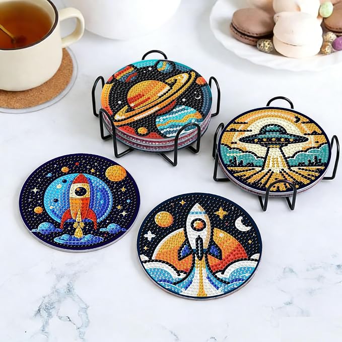 8PCS Outer Space Diamond Art Coasters Kit, Cute Spaceship Diamond Painting