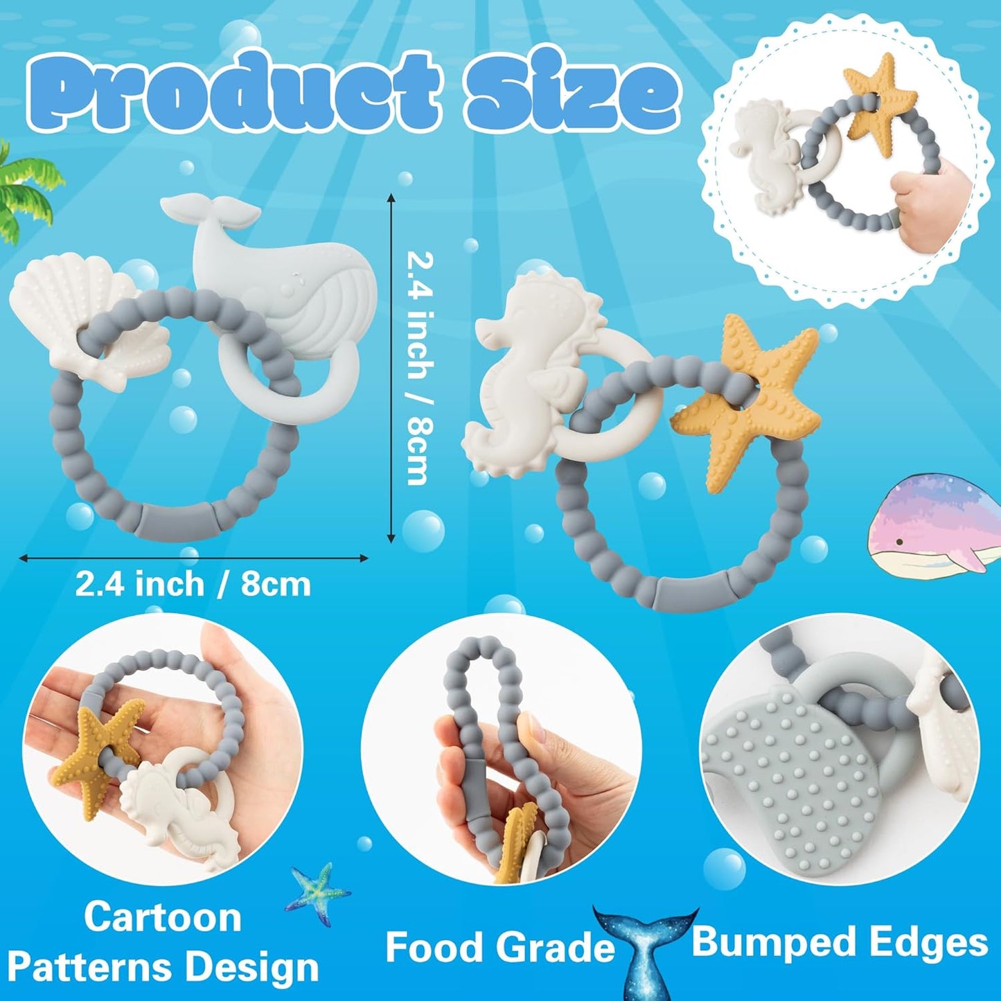 Silicone Teether Toys for Babies - 2ooya 2Pcs Summer Ocean Beach Themed Teething Ring Infant Soft Teethers, Toddler Teething Chew Toys for Newborn Boy and Girl Baby Shower Birthday Gifts