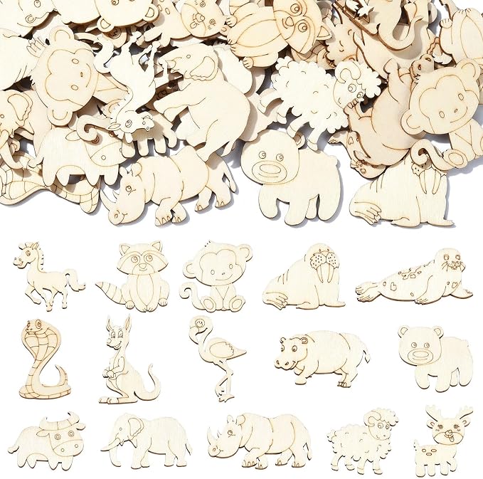 100 Pcs Unfinished Wooden Animal Cutouts Cute Blank Wood Slices