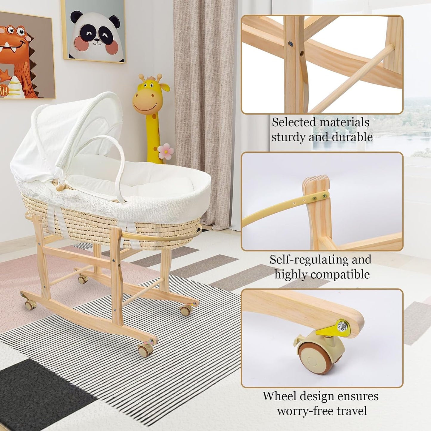 Moses Basket Stand, Bassinets Stand, Wooden Rocking Moses Baskets Stand for Baby Bassinets, Mose Basket Bassinet Stand Adjustable Bassinet Rocker with Wheels