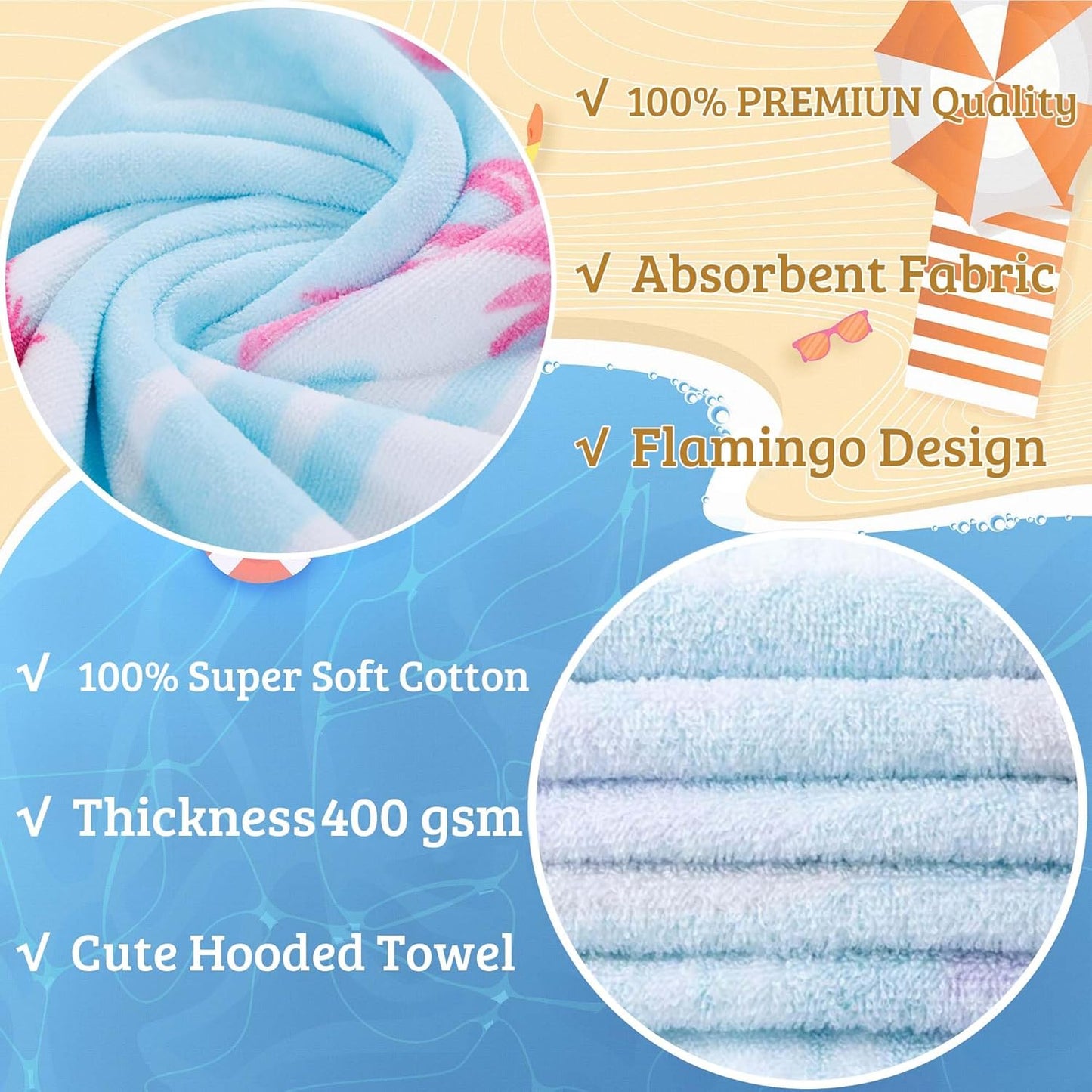 VOOVA & MOVAS Flamingo Hooded Towels for Girls Age 3-10, 30''X50, Soft | Thick |100% Cotton | Absorbent Wrap Towel, Perfect for Beach, Pool, Bath, Swim, Tropical Flamingo