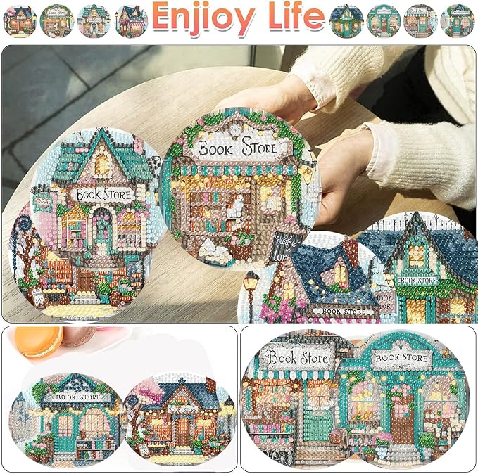 ijbnhd Diamond Art Coasters Kits, Book Store, 4x4 inch | Cork Wooden Pad