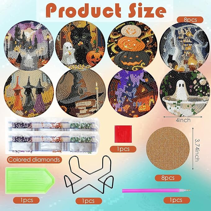 ijbnhd 8 Pcs Halloween Diamond Art Coasters Kits | Halloween Diamond Painting