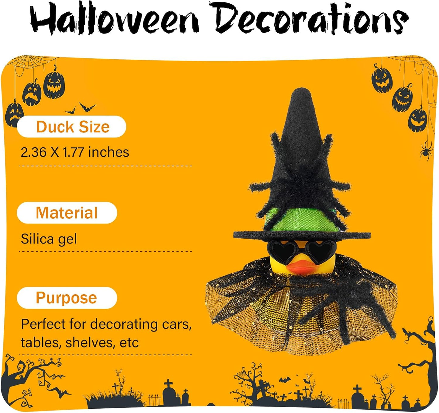 wonuu Car Dashboard Spider Witch Rubber Ducks for Halloween, Decorations Duck for Office Desk Ornament Accessories with Hat Glasses Skirt, for Halloween Party Gifts (Gold Point Skirt Green)