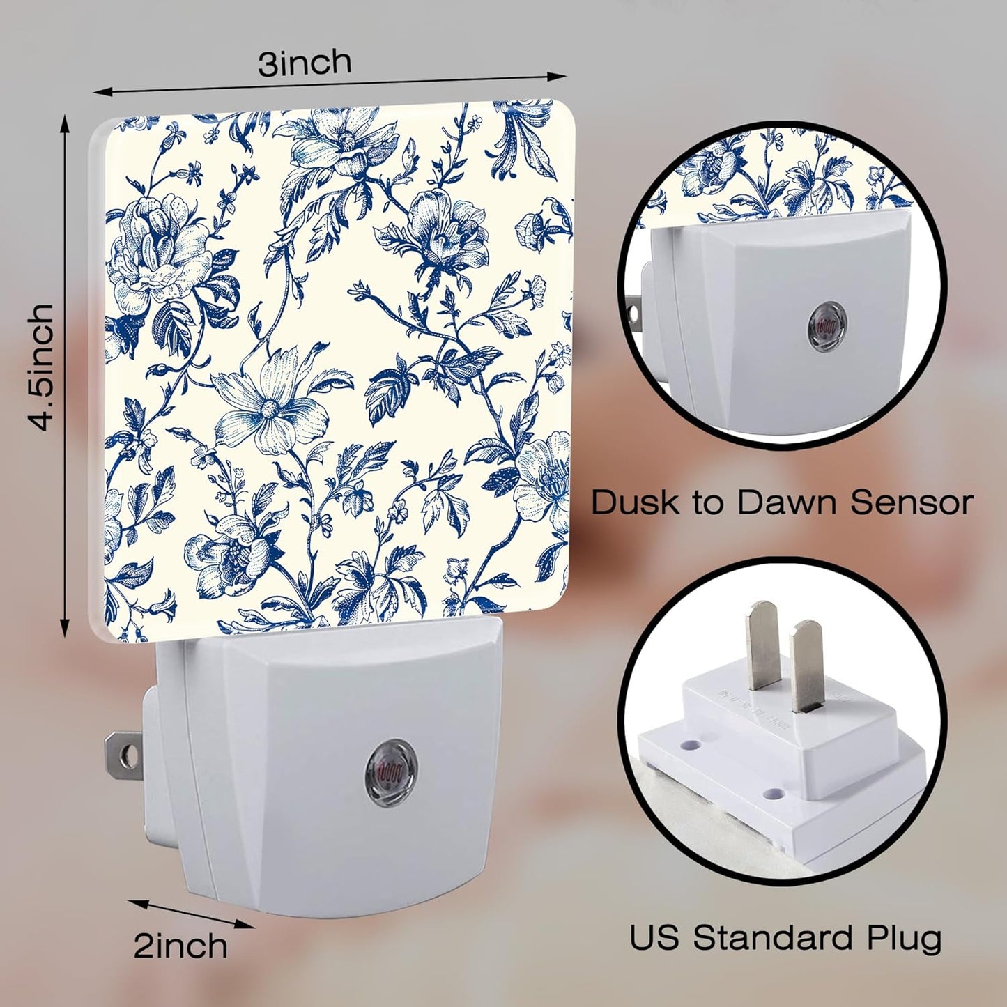 Vintage Blue Flowers Night Light, Abstract Botanical Floral Leaves Dusk to Dawn Night Light Plug in, 0.5w Energy Saving Sleep Friendly NightLight for Kids Boys Girls Home Decor