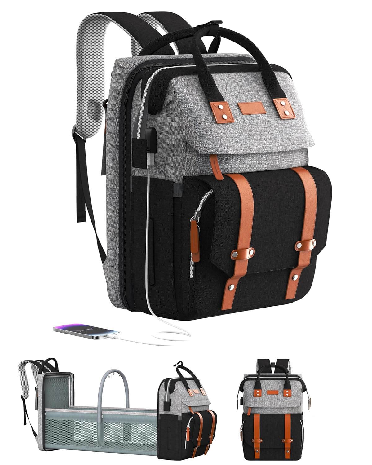 Diaper Bag Backpack with Changing Station, Large Diaper Bag, Baby Bag, Multifunctional Diaper Bag, GreyBlack
