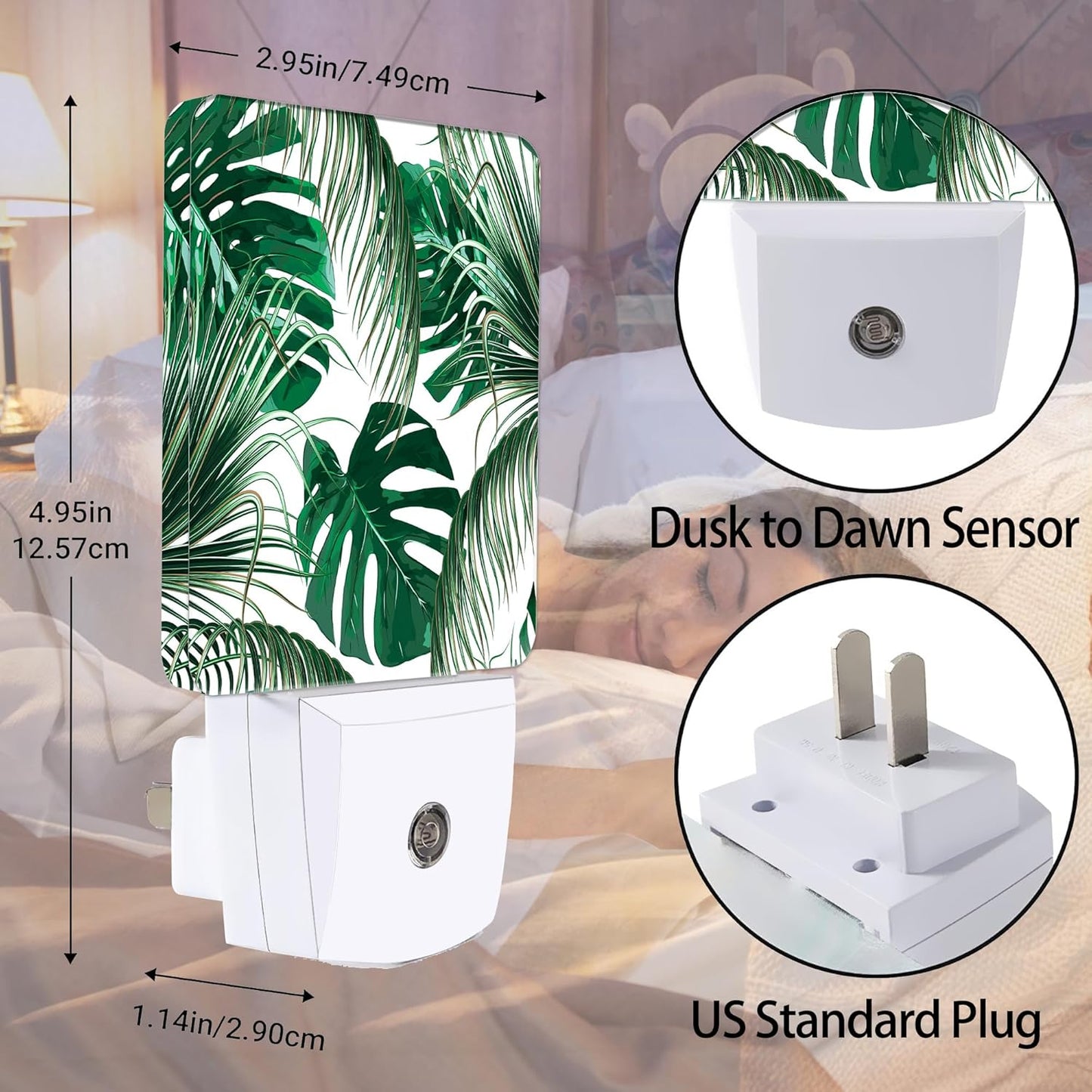 Green Palm Night Light Plug in Wall Lamp Smart Dusk to Dawn Sensor for Home Decorative, Kids Room Bedroom Bathroom Kitchen Hallway Gifts
