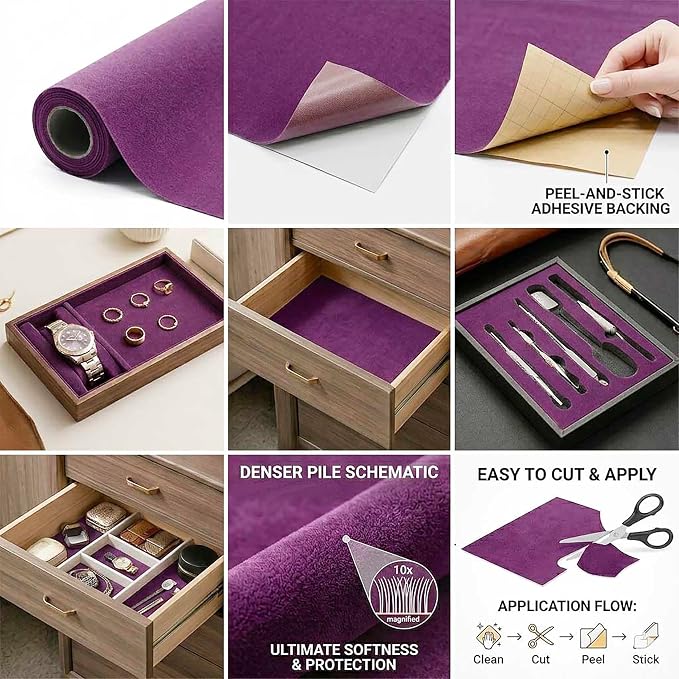 Dark Purple Self Adhesive Soft Velvet Drawer Liner DIY Fabric Felt Liner
